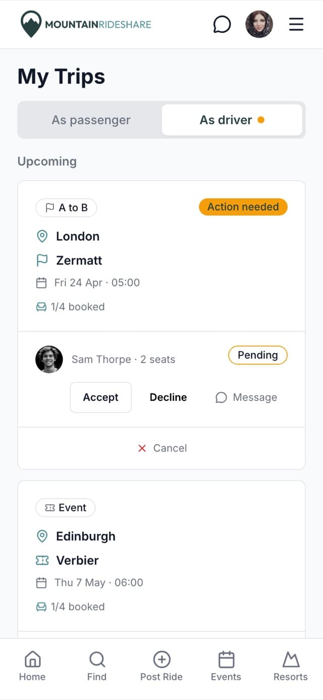 A driver's trips screen showing a pending seat request to accept or decline
