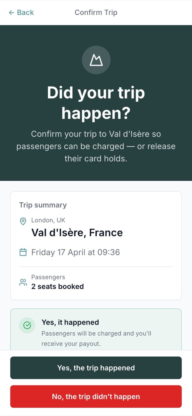 The trip confirmation screen, with an explanation of when the driver is paid
