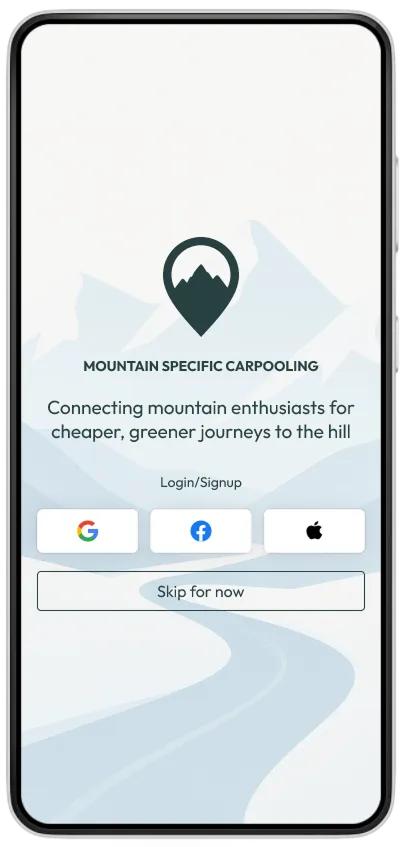 Mountain Rideshare splash / onboarding screen