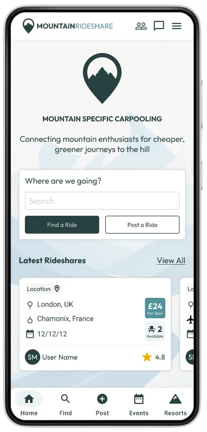 Mountain Rideshare home screen