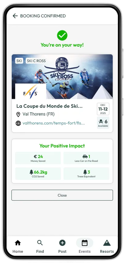 Mountain Rideshare ride confirmation screen for event travel