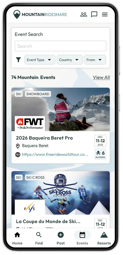 Mountain Rideshare event listings screen